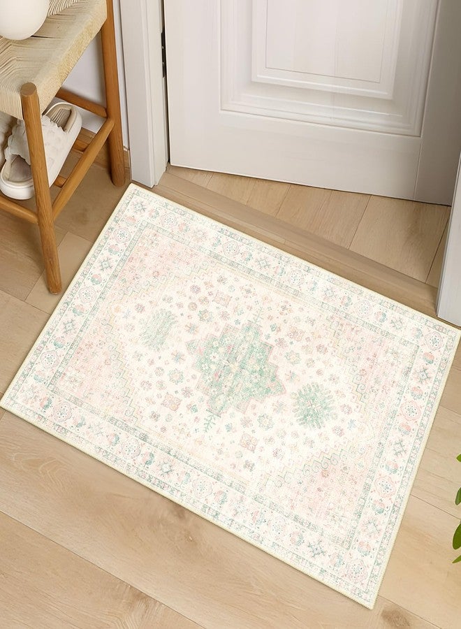 MUJOO Small Rug,2x3 Washable Area Rugs for Bathroom Entryway Entry Entrance Bedroom,Indoor Front Door Mat Non Slip Throw Carpet Boho Low Pile Light Pink and Green - Image 1